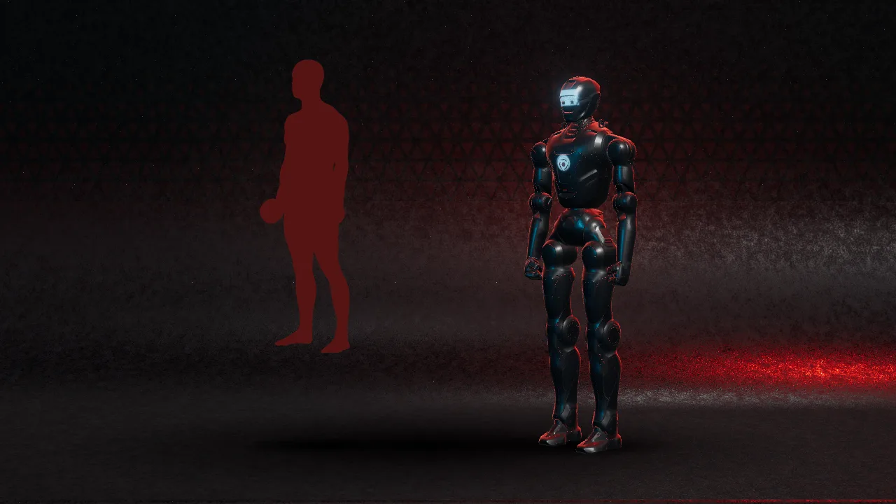The human pilot as a dark silhouette on the left and the robot avatar on the right, making the same movement